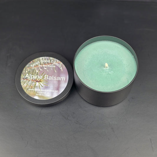 Alpine Balsam soy candle by Smell Good Candles - hand-poured pine and balsam holiday scent in black jar.