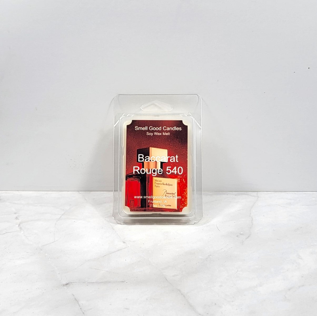 Scented wax melt package labeled 'Bacarat Rouge 540' on a white background