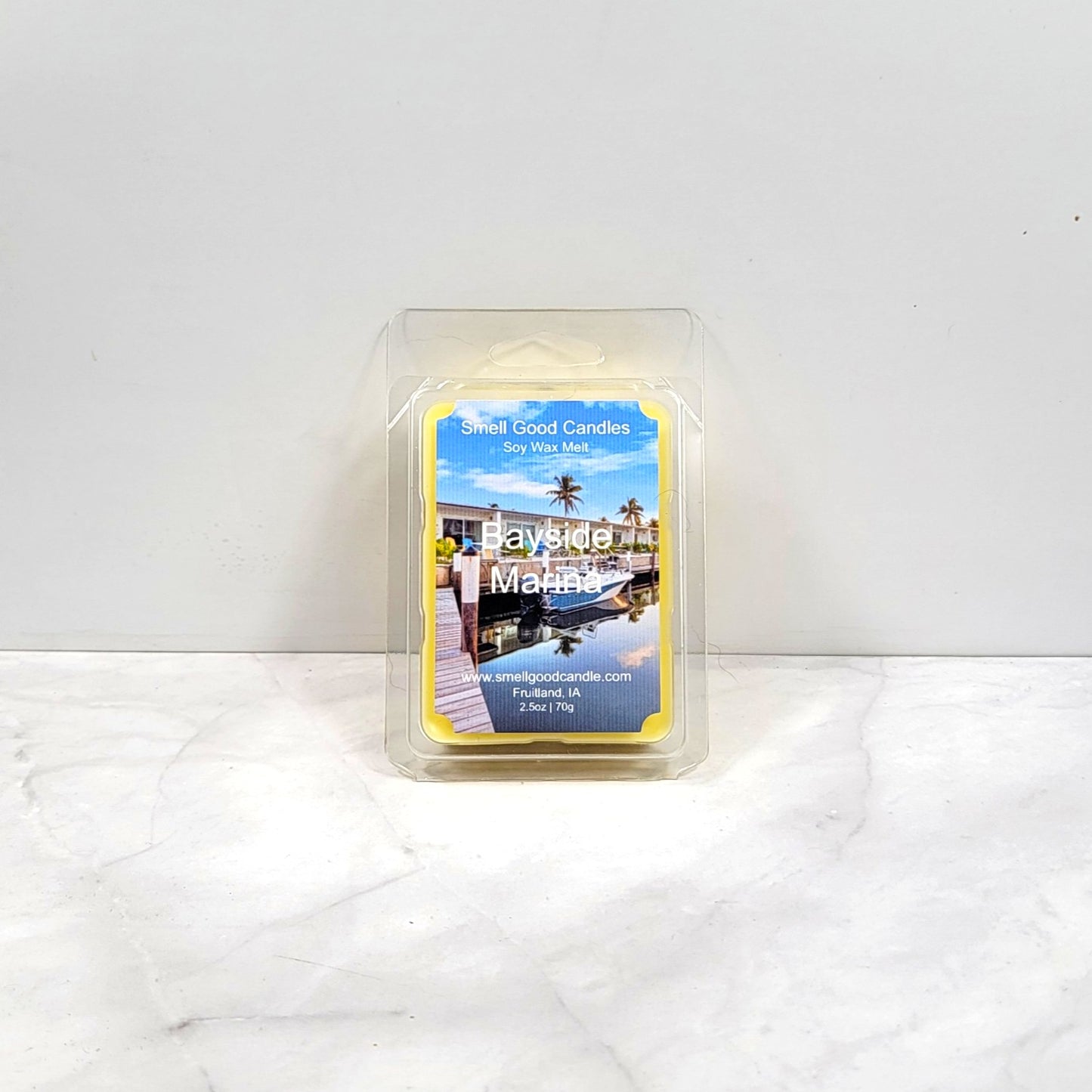 Bayside Marina soy wax melt with ocean-inspired background