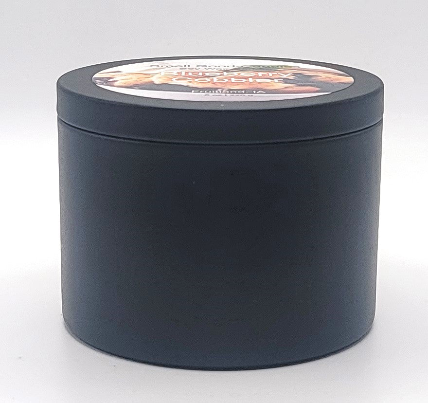Blueberry Cobbler soy wax candle - Closed matte black tin side view 8 oz