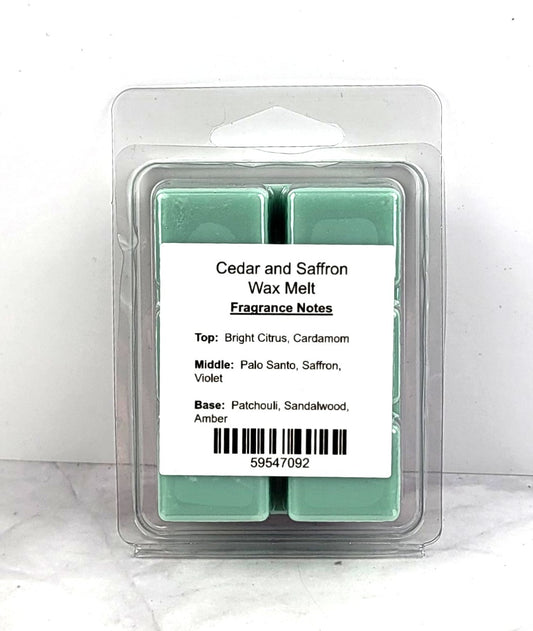 Handcrafted soy wax melt featuring cedarwood, saffron, and sandalwood aroma
