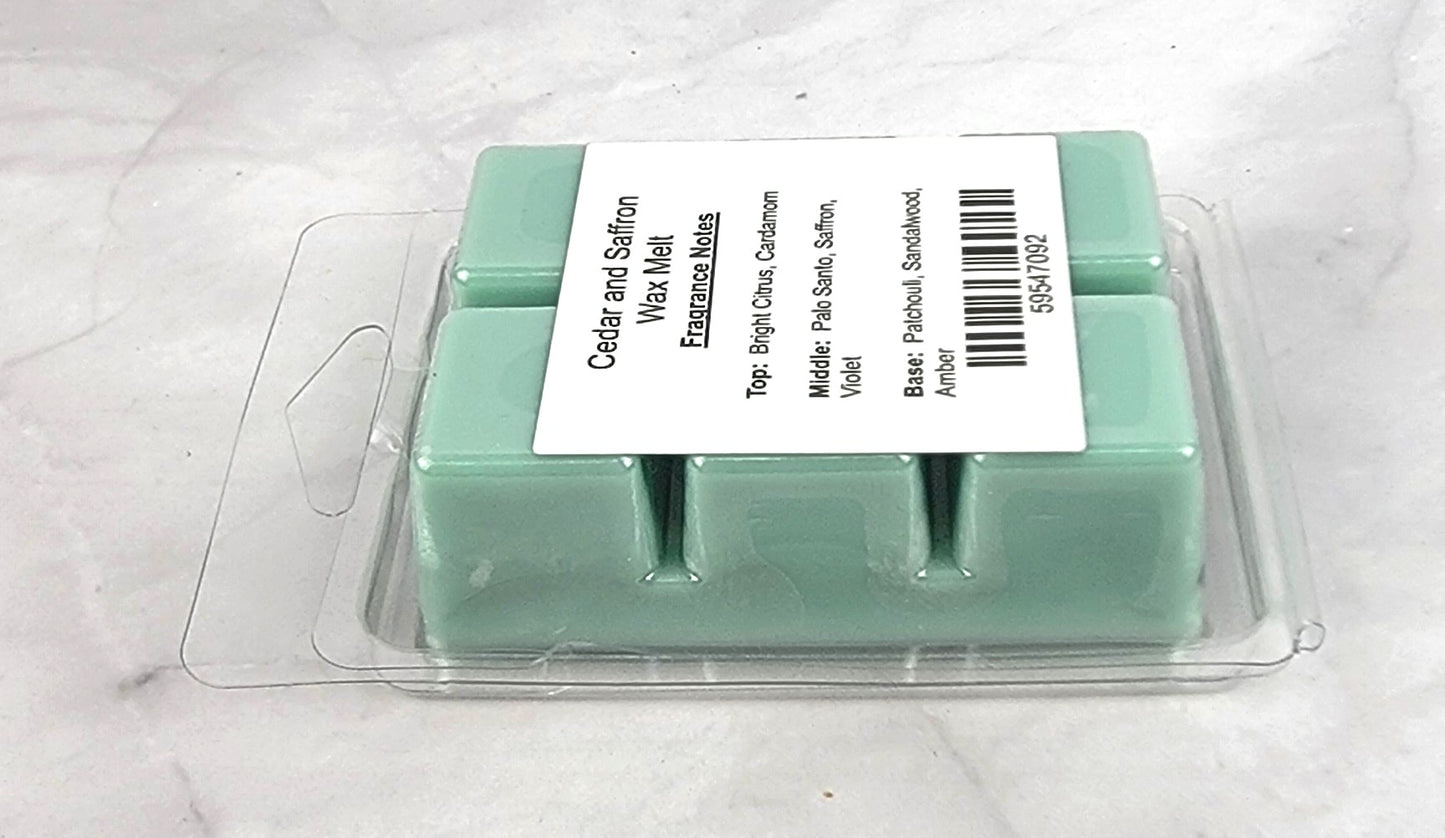 Handcrafted soy wax melt featuring cedarwood, saffron, and sandalwood aroma