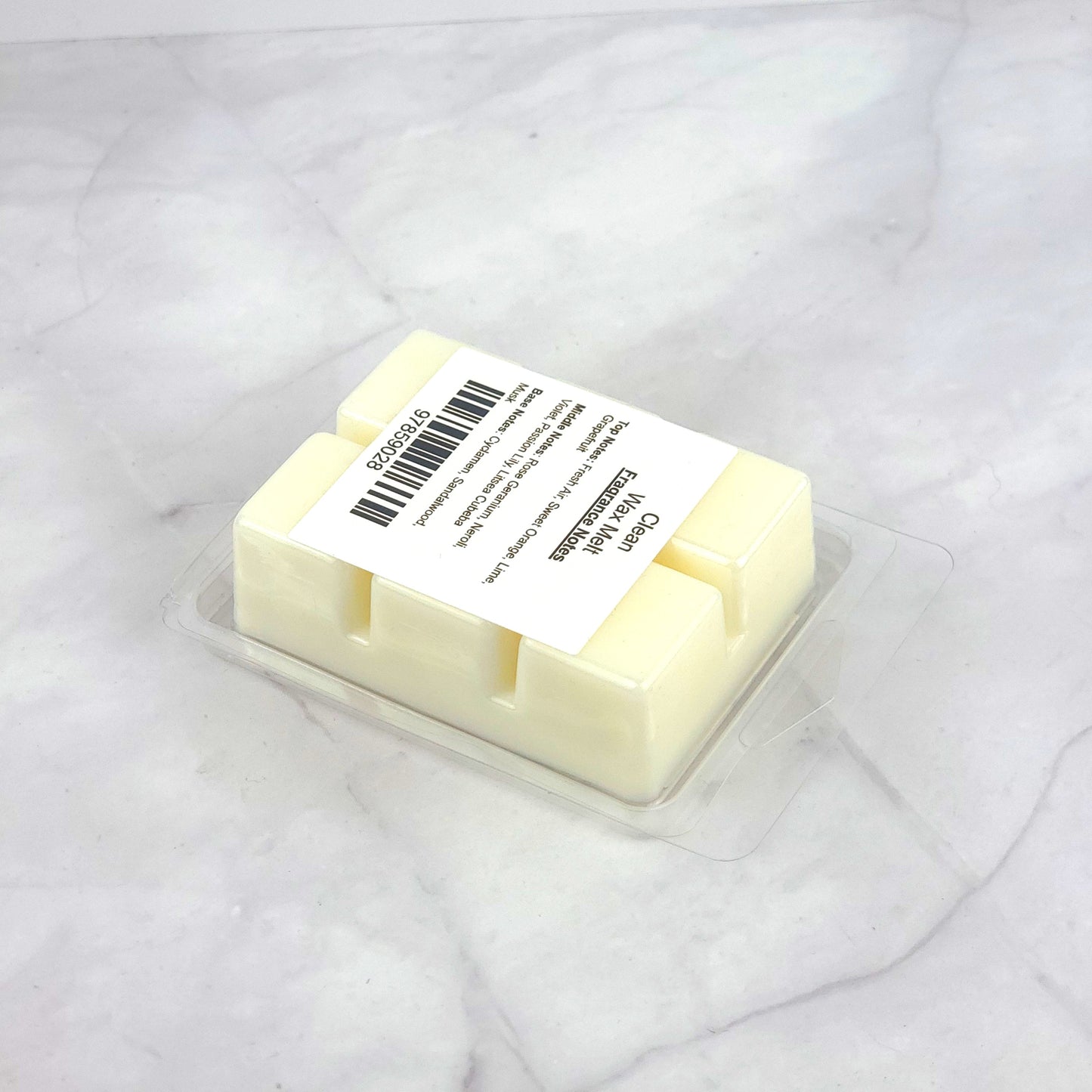 DLish-inspired Clean Wax Melt with fresh air, rose geranium, and sandalwood, providing a long-lasting, eco-friendly burn.