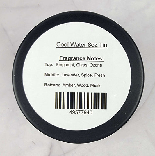 Cool Water 8oz Soy Candle Fragrance Notes - Top: Bergamot Citrus Ozone, Middle: Lavender Spice Fresh, Bottom: Amber Wood Musk