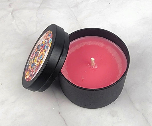Hand-poured candle with a playful scent of citrus, lavender, vanilla, and sandalwood.