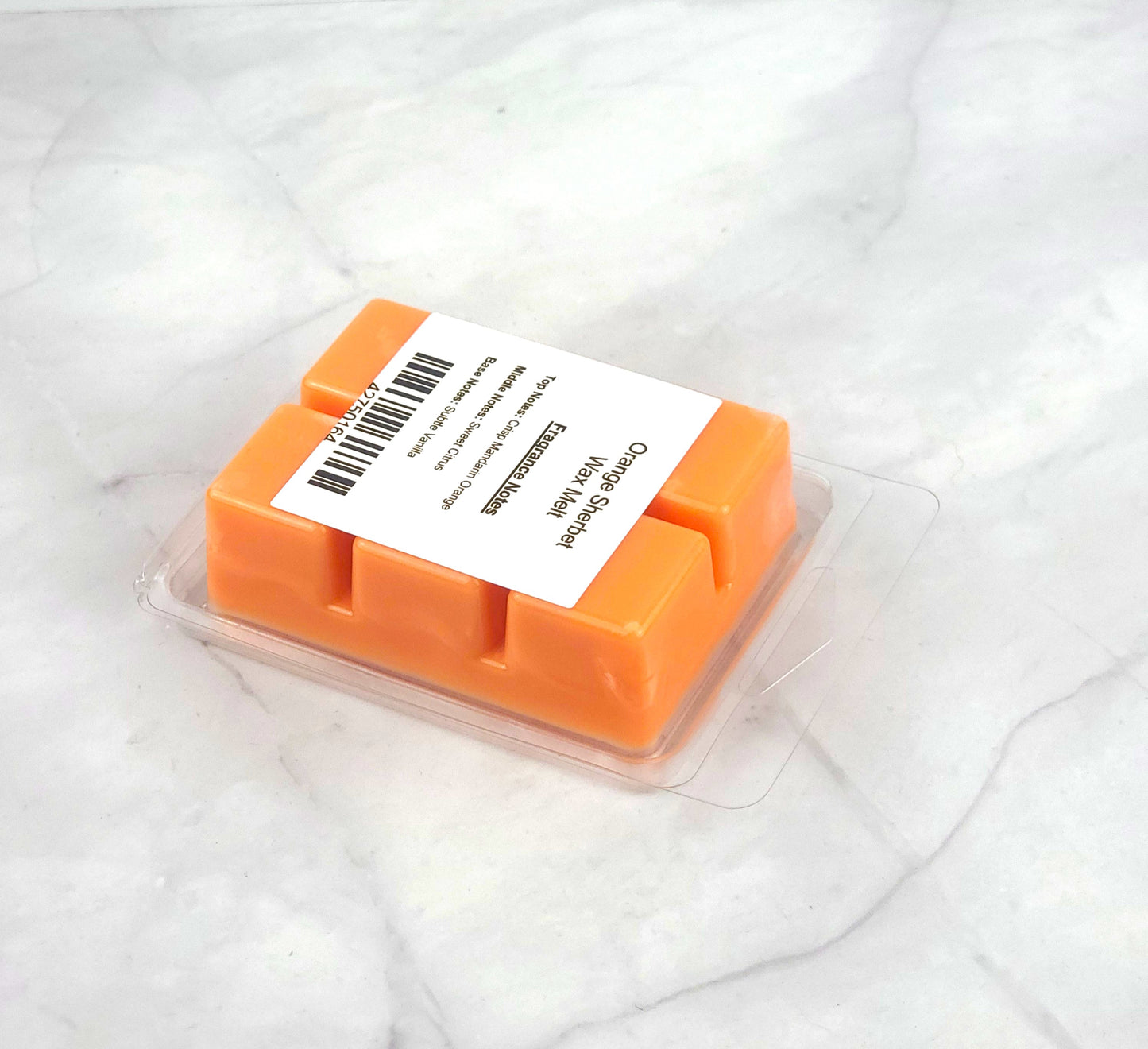 Vibrant Orange Sherbet Soy Wax Melt offering an energizing citrus aroma with mandarin orange and creamy vanilla undertones.