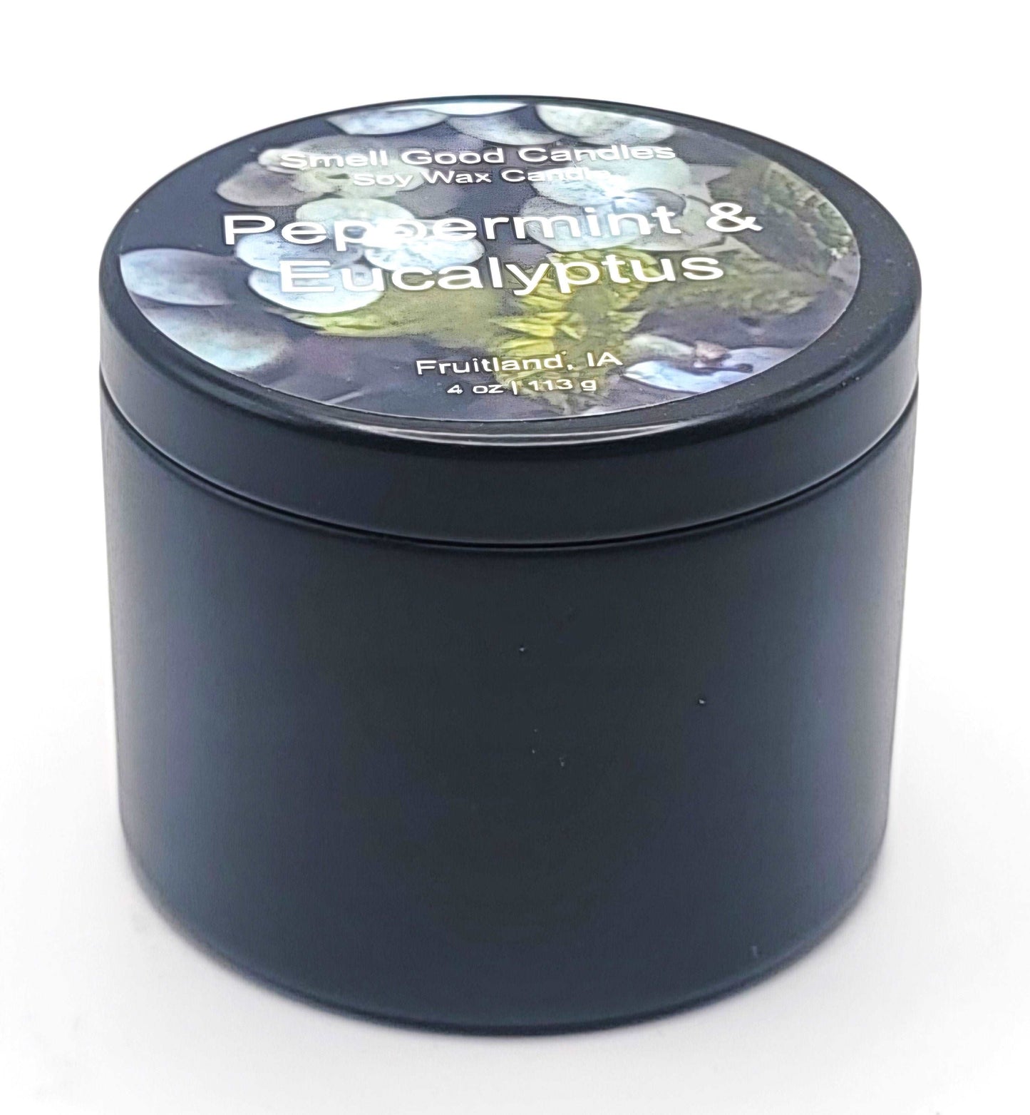 Peppermint and eucalyptus soy candle in minimalist tin