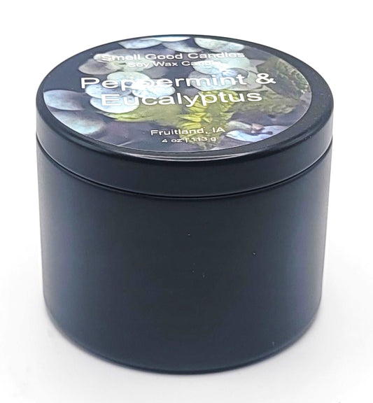 Peppermint and eucalyptus soy candle in minimalist tin
