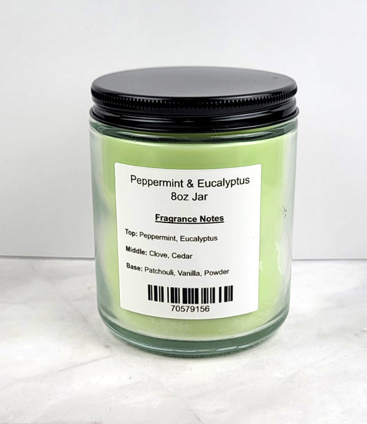 Peppermint and Eucalyptus 8oz Jar Scented Soy Wax Candle