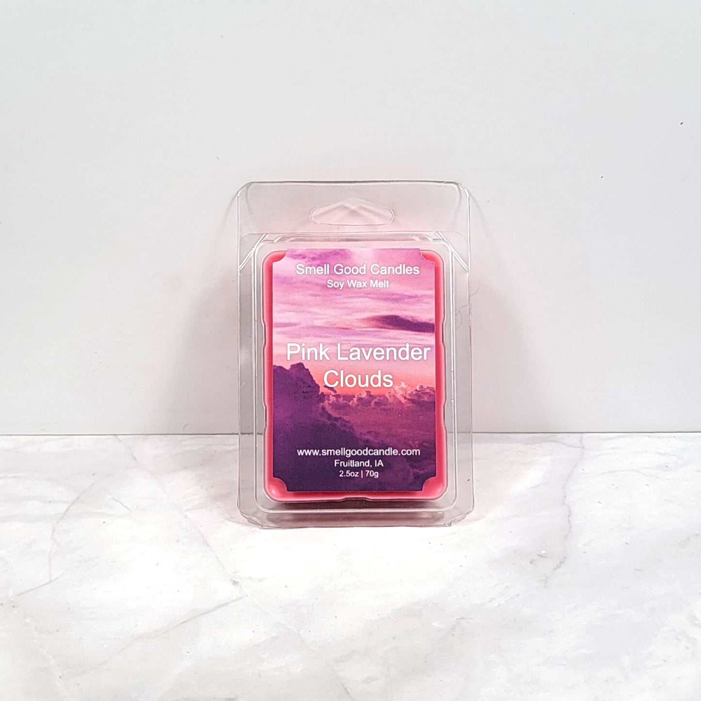 Pink Lavender Clouds wax melt with floral and fruity notes of lavender and raspberries