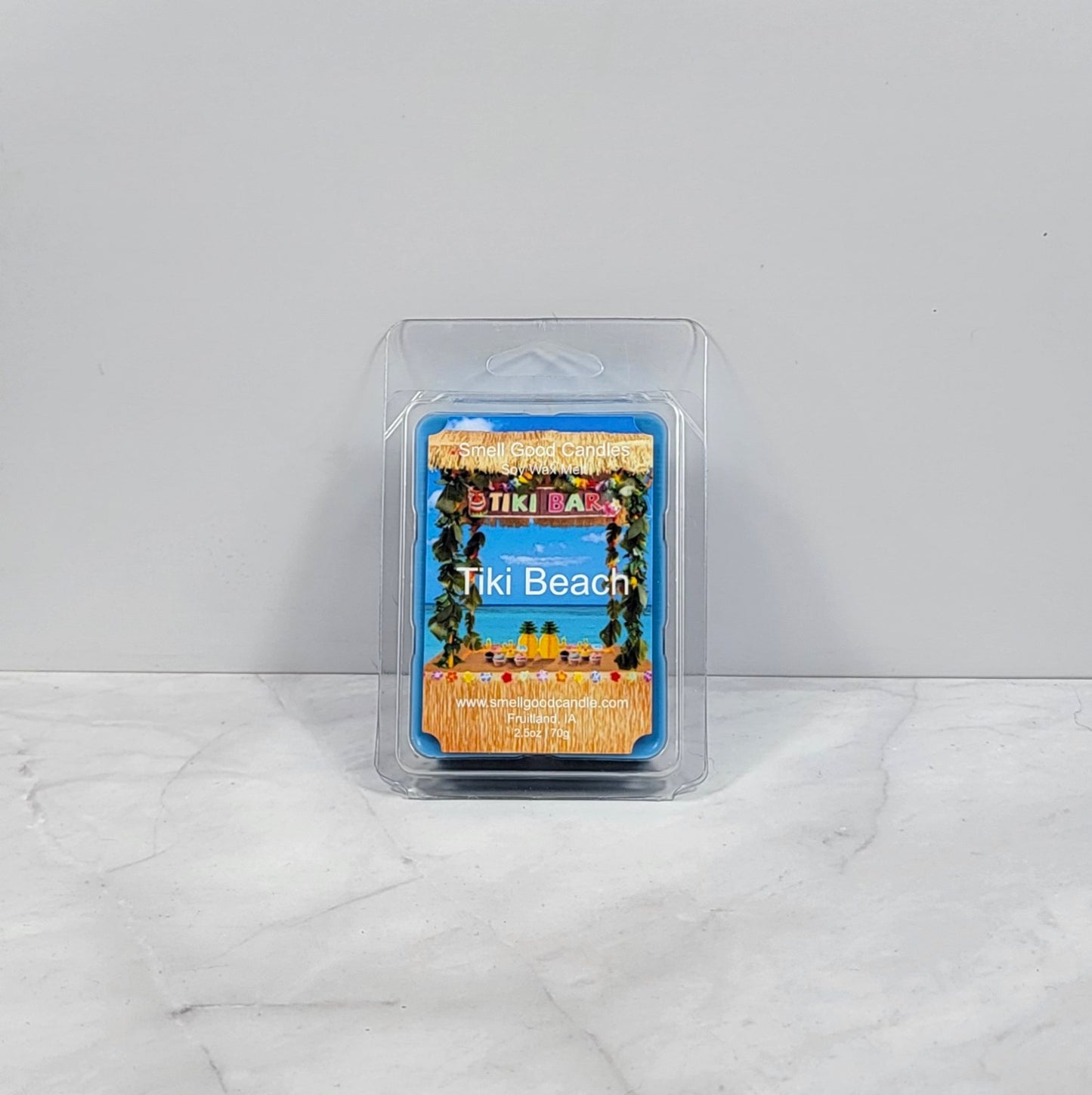 Tiki Beach Soy Wax Melt with tropical beach background