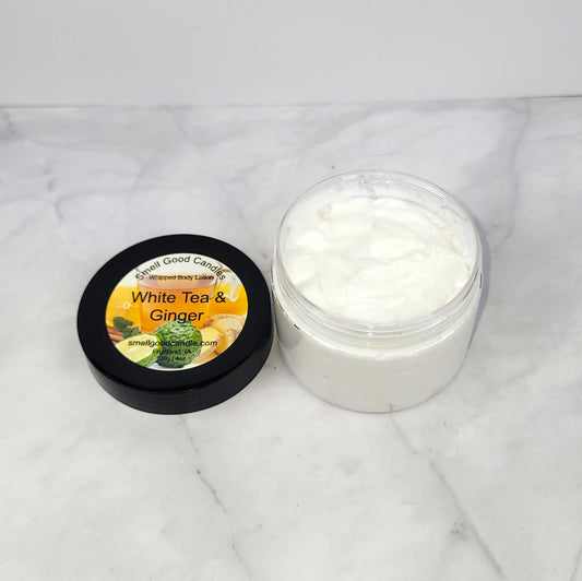 Handmade White Tea & Ginger Body Lotion with floral petals, ginger, and soft musk, inspired by Bath & Body Works’ revitalizing fragrance.