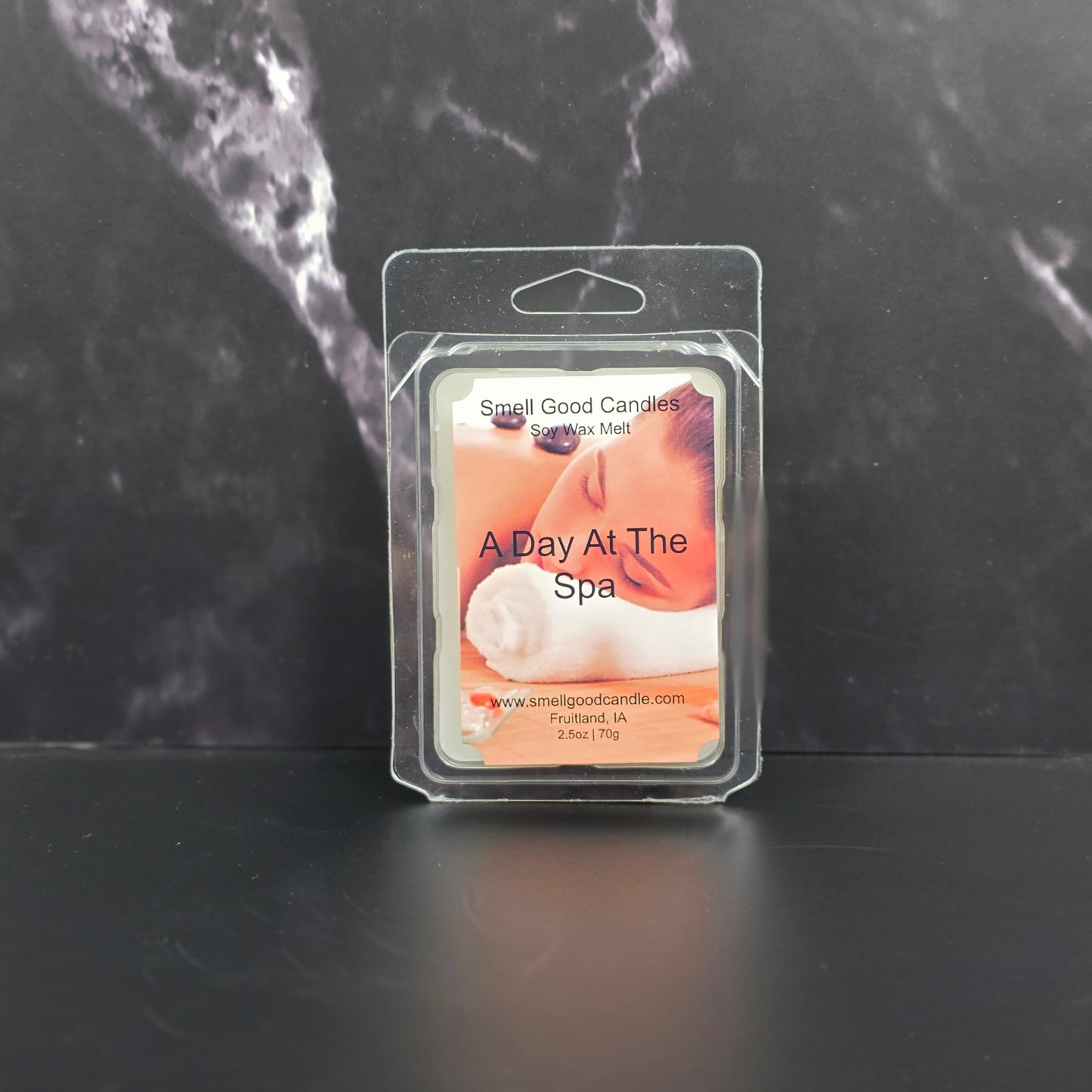 Day at the Spa soy wax melt with lemongrass and black currant fragrance in clamshell packaging