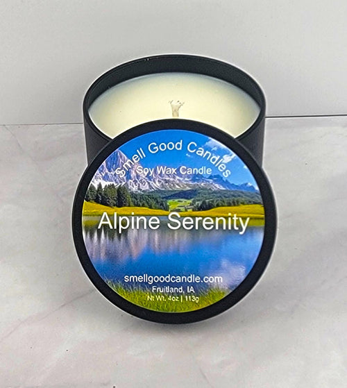 Alpine Serenity soy candle with crisp winter forest scent
