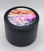 Closed matte black tin aromatherapy relaxation soy wax candle with full-color label
