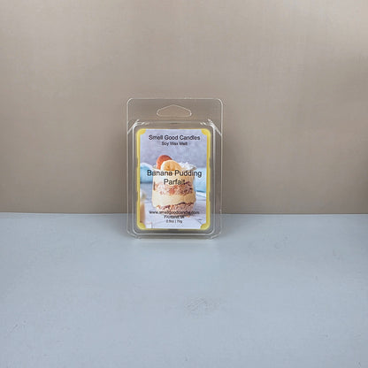 Wax melt package labeled 'Banana Pudding' on a neutral background