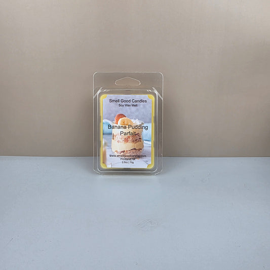Wax melt package labeled 'Banana Pudding' on a neutral background