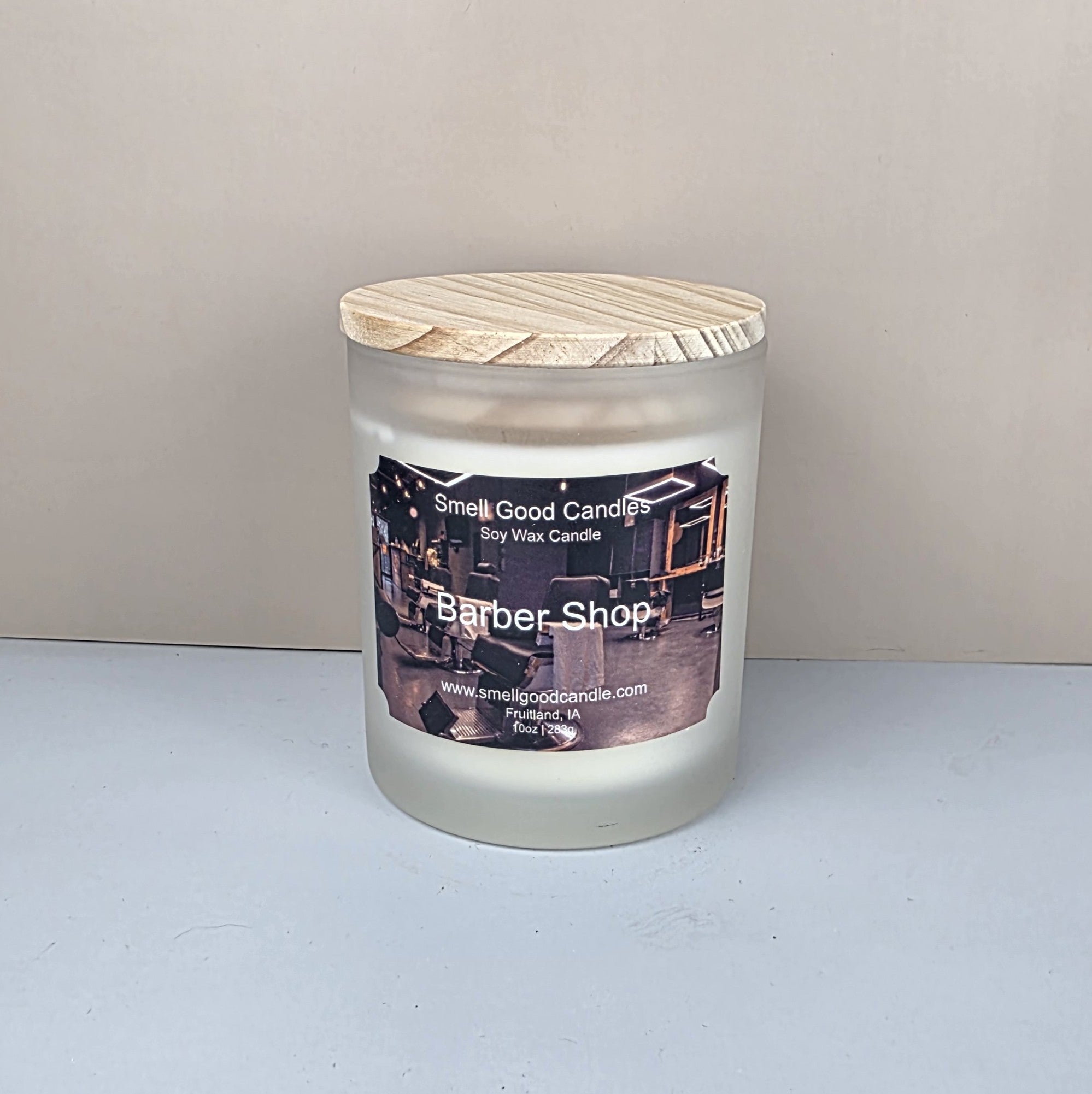 Barber shop soy wax candle white frosted jar wood lid