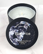 Black Ice soy wax candle in 8oz tin with masculine citrus scent