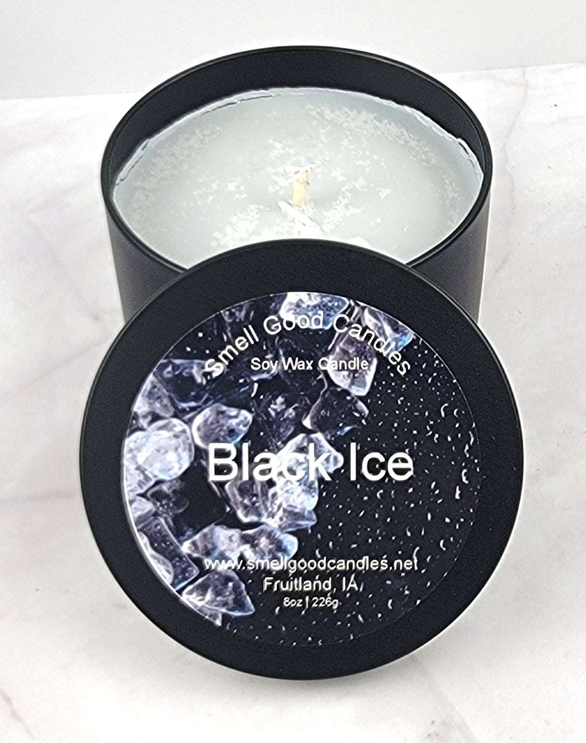 Black Ice soy wax candle in 8oz tin with masculine citrus scent