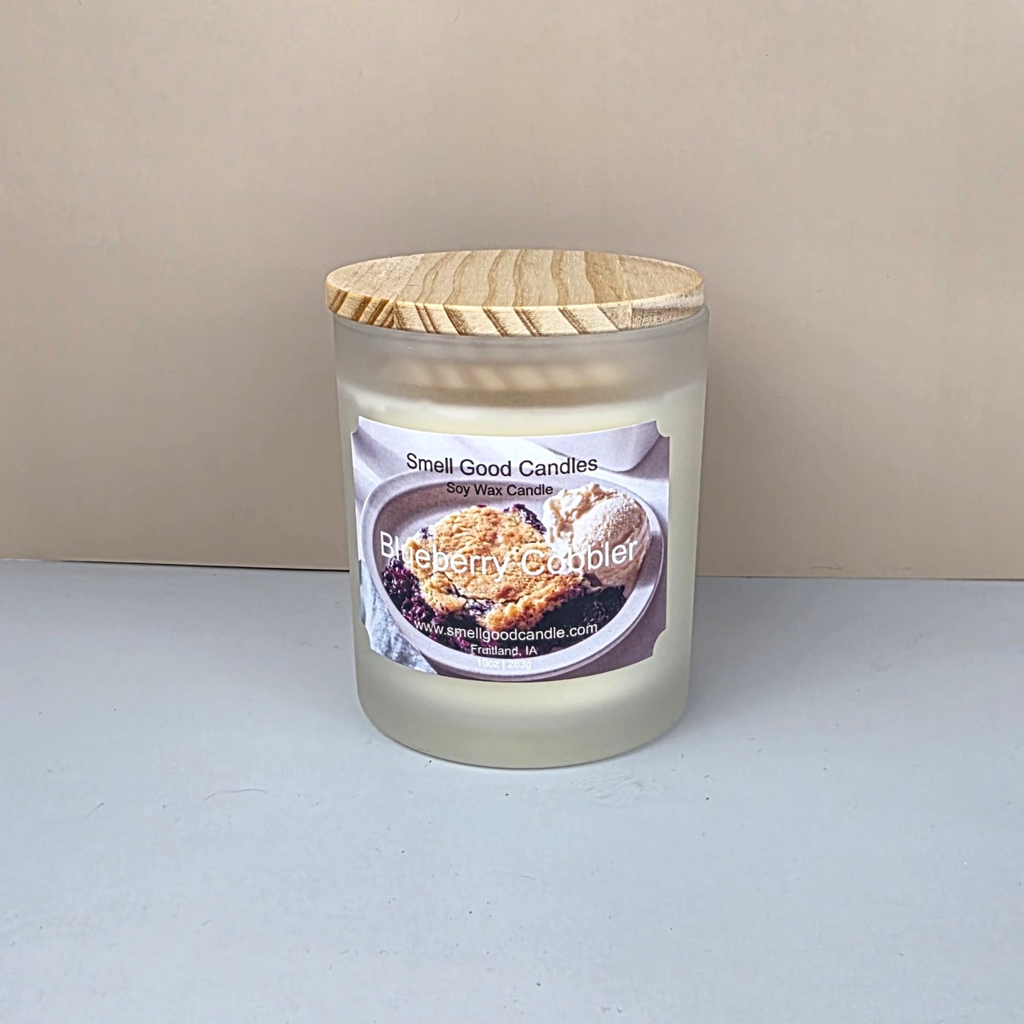 Blueberry cobbler soy wax candle white frosted jar wood lid