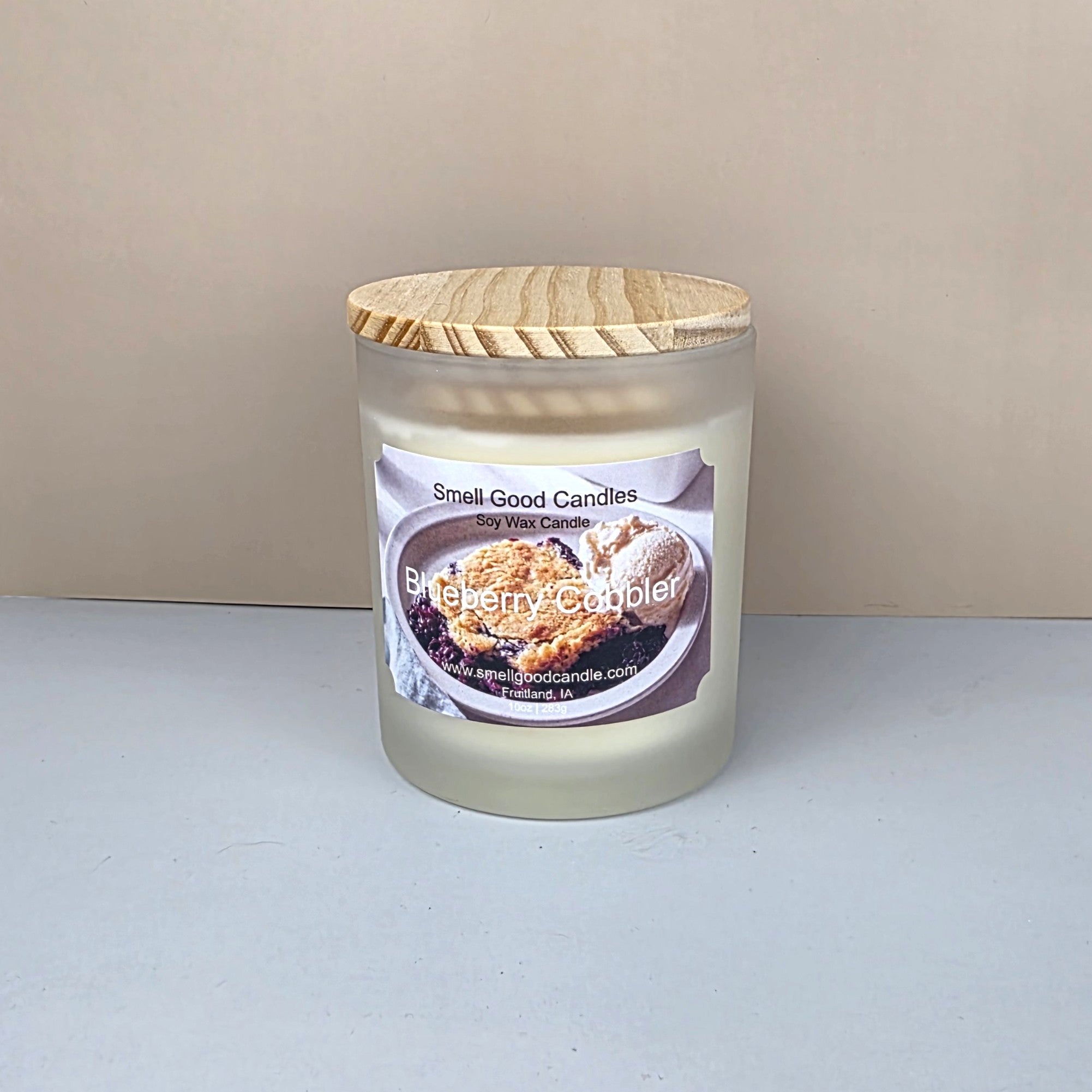 Blueberry cobbler soy wax candle white frosted jar wood lid