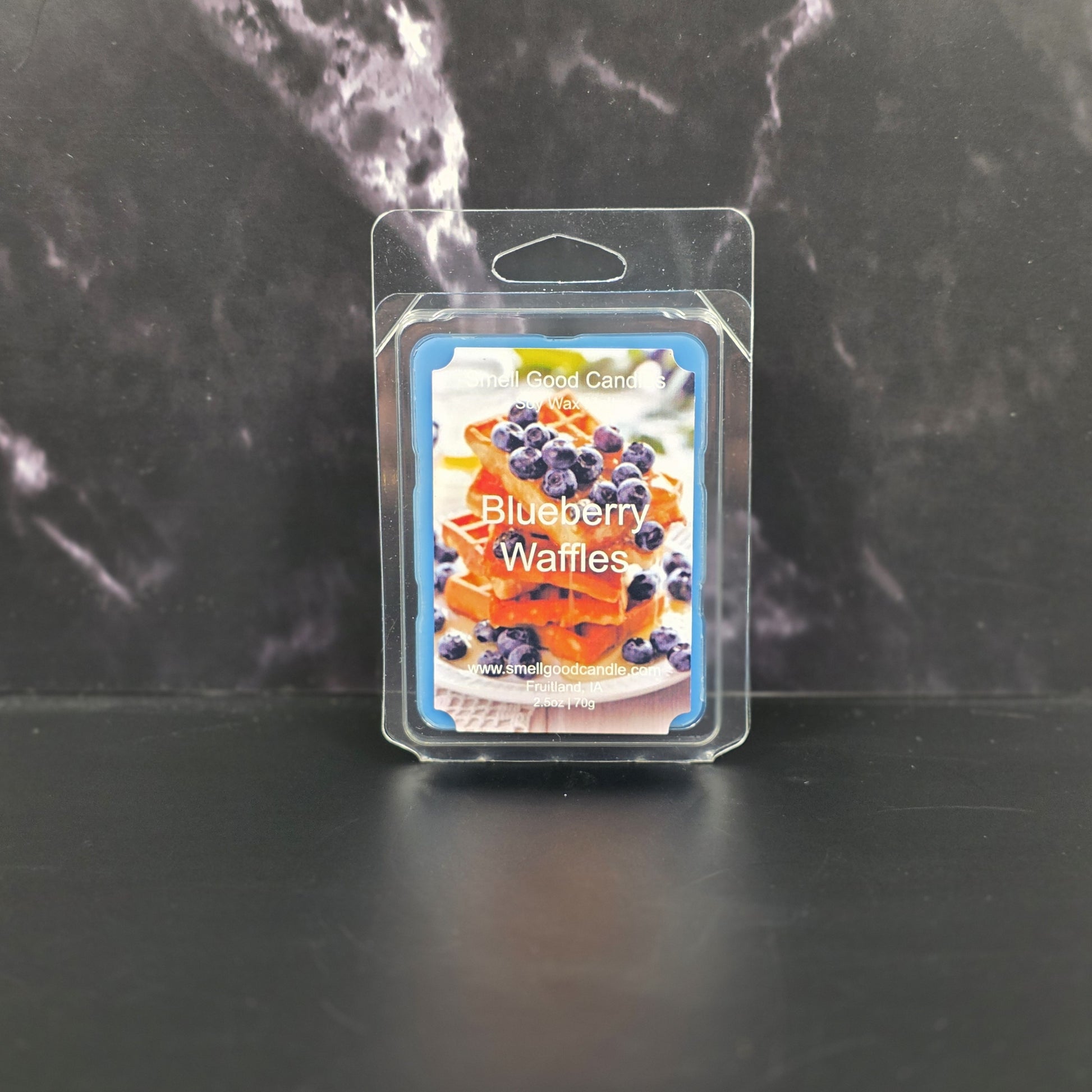 Blueberry Waffles scented wax melt packaging on a dark surface