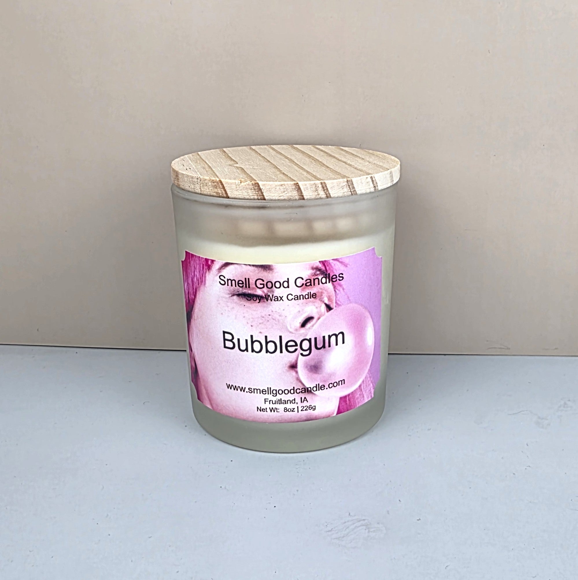Bubblegum soy wax candle 10oz white frosted jar wood lid