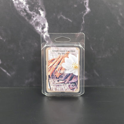 Cinnamon Vanilla wax melt packaging on a dark marble background