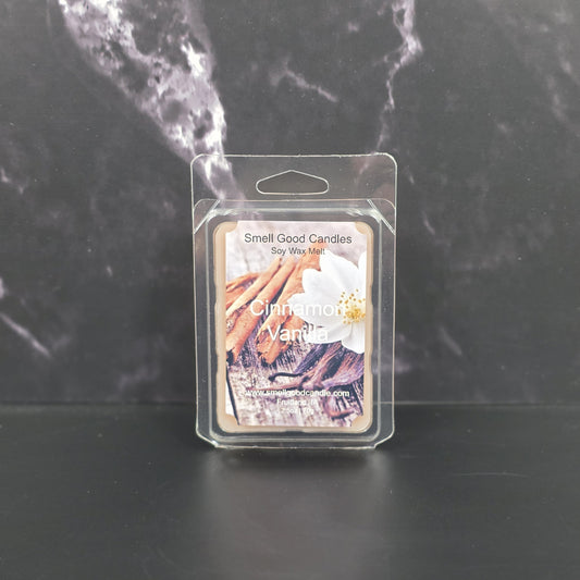 Cinnamon Vanilla wax melt packaging on a dark marble background