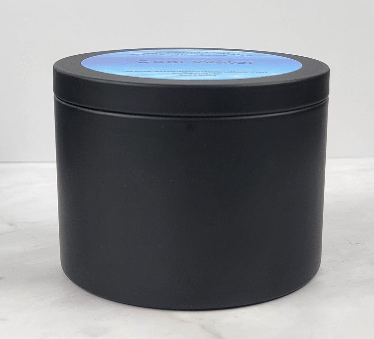 Cool Water soy wax candle - Closed matte black tin side profile 8 oz