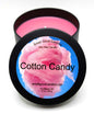 Cotton Candy soy wax candle - Open matte black tin showing bright pink sweet scented wax, 8 oz, for fun gourmand candle lovers.