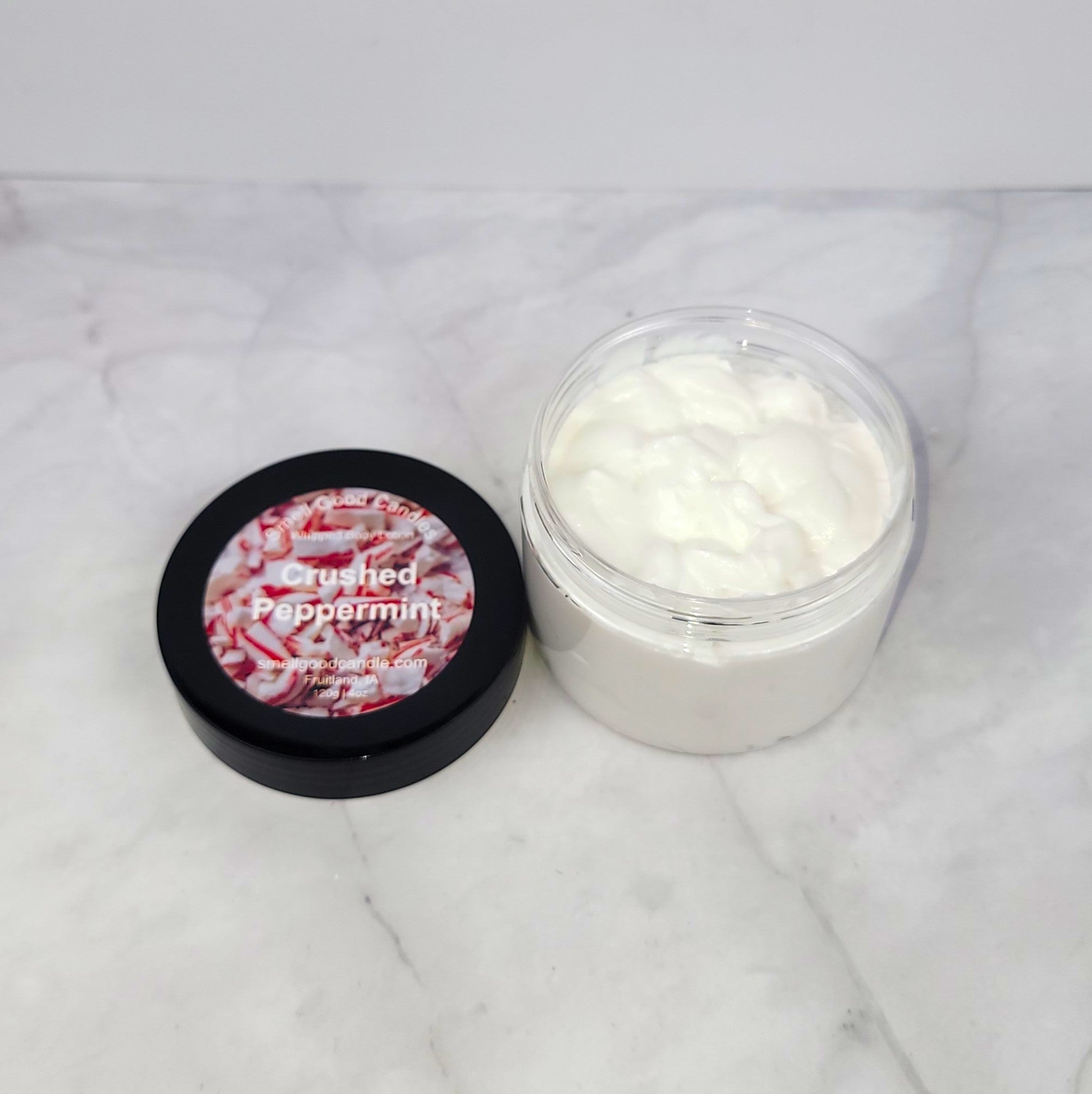 Handmade Crushed Peppermint Body Lotion with a cooling blend of peppermint, spearmint, and eucalyptus, inspired by Yankee Candle’s refreshing aroma.
