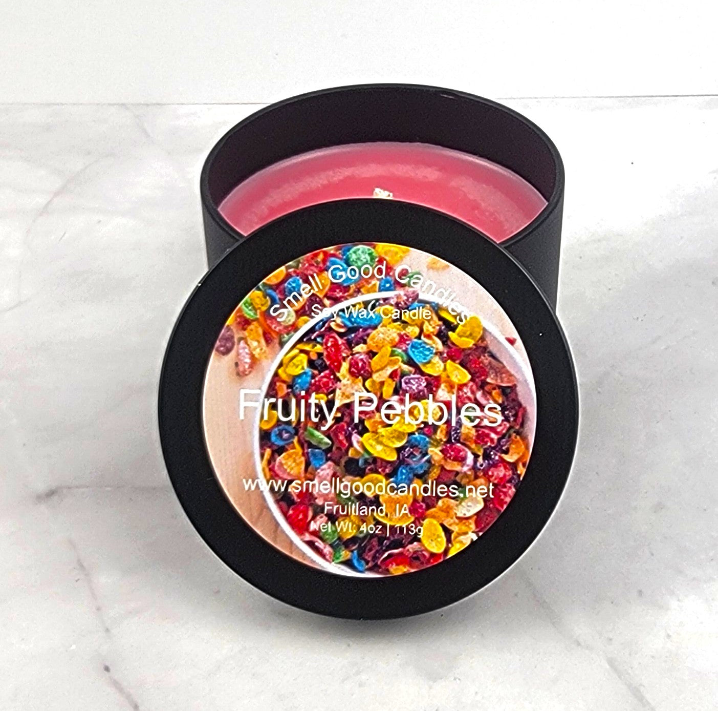 Fruity Pebbles 4oz Soy Wax Candle – Sweet and nostalgic cereal-inspired fragrance.
