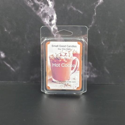 Hot Cocoa Soy Wax Melt by Smell Good Candles featuring a mug of cocoa with marshmallows.