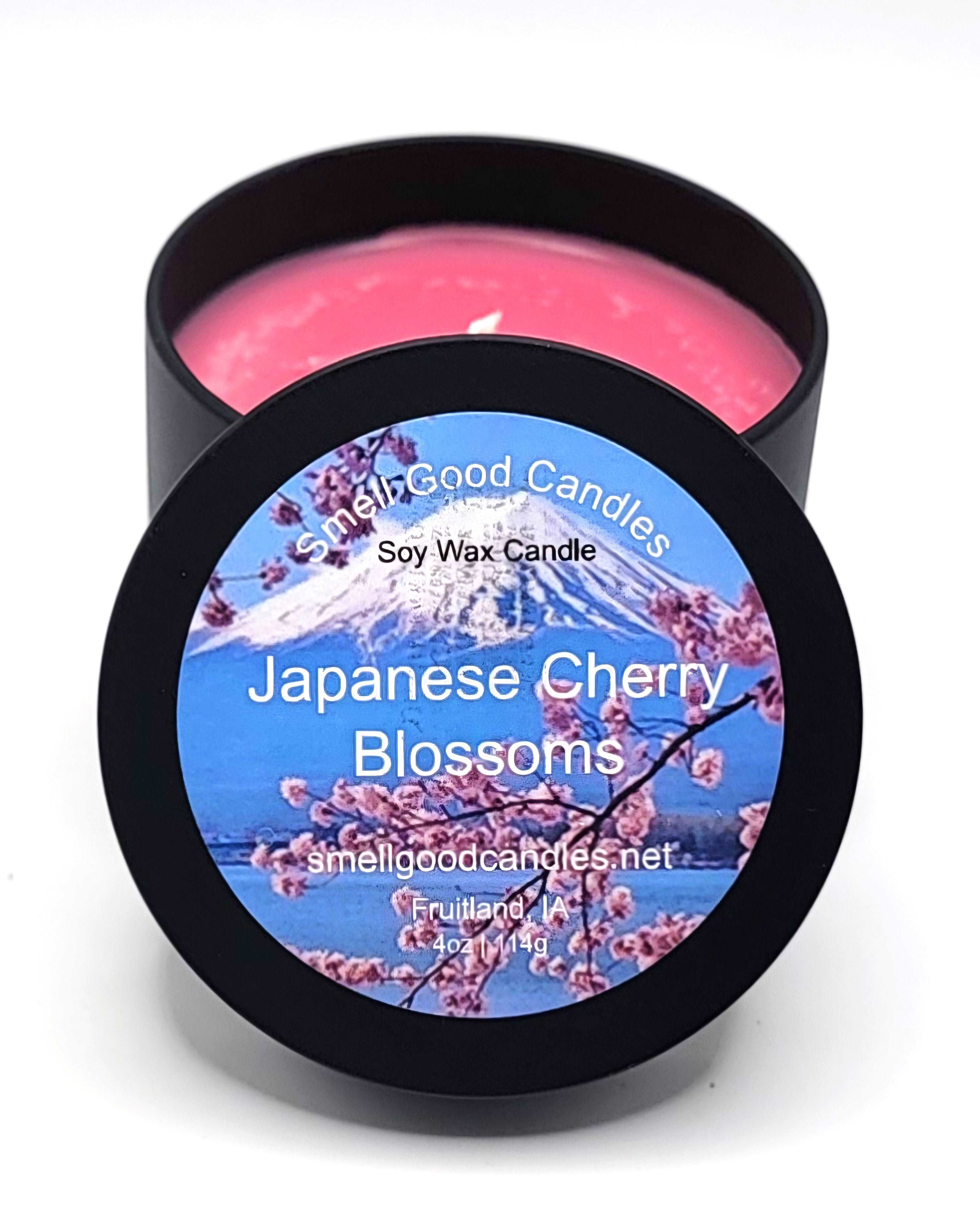 Japanese Cherry Blossom 4oz soy wax candle with floral and woodsy notes.