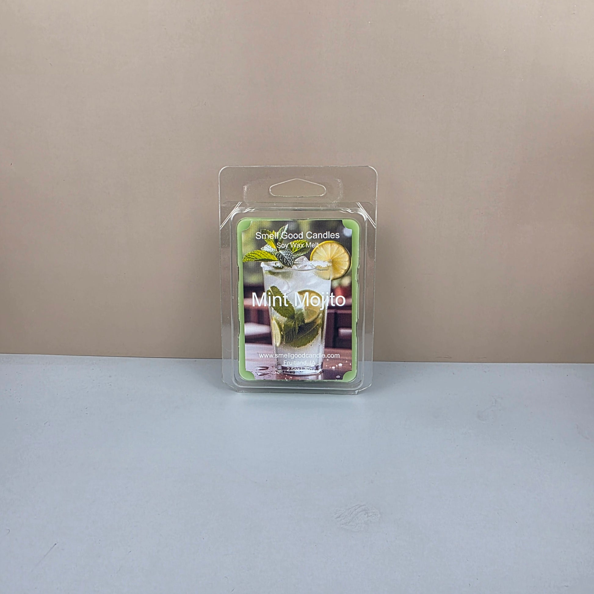 Packaged wax melts on a neutral background