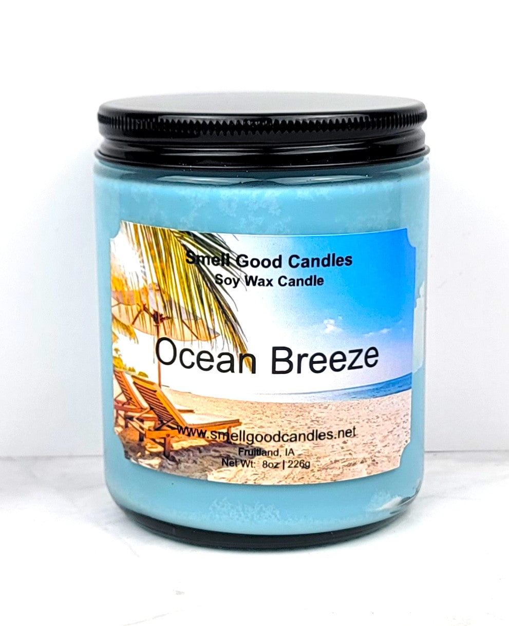 Ocean Breeze 8oz Soy Wax Candle with fresh coastal scent and sea salt aroma