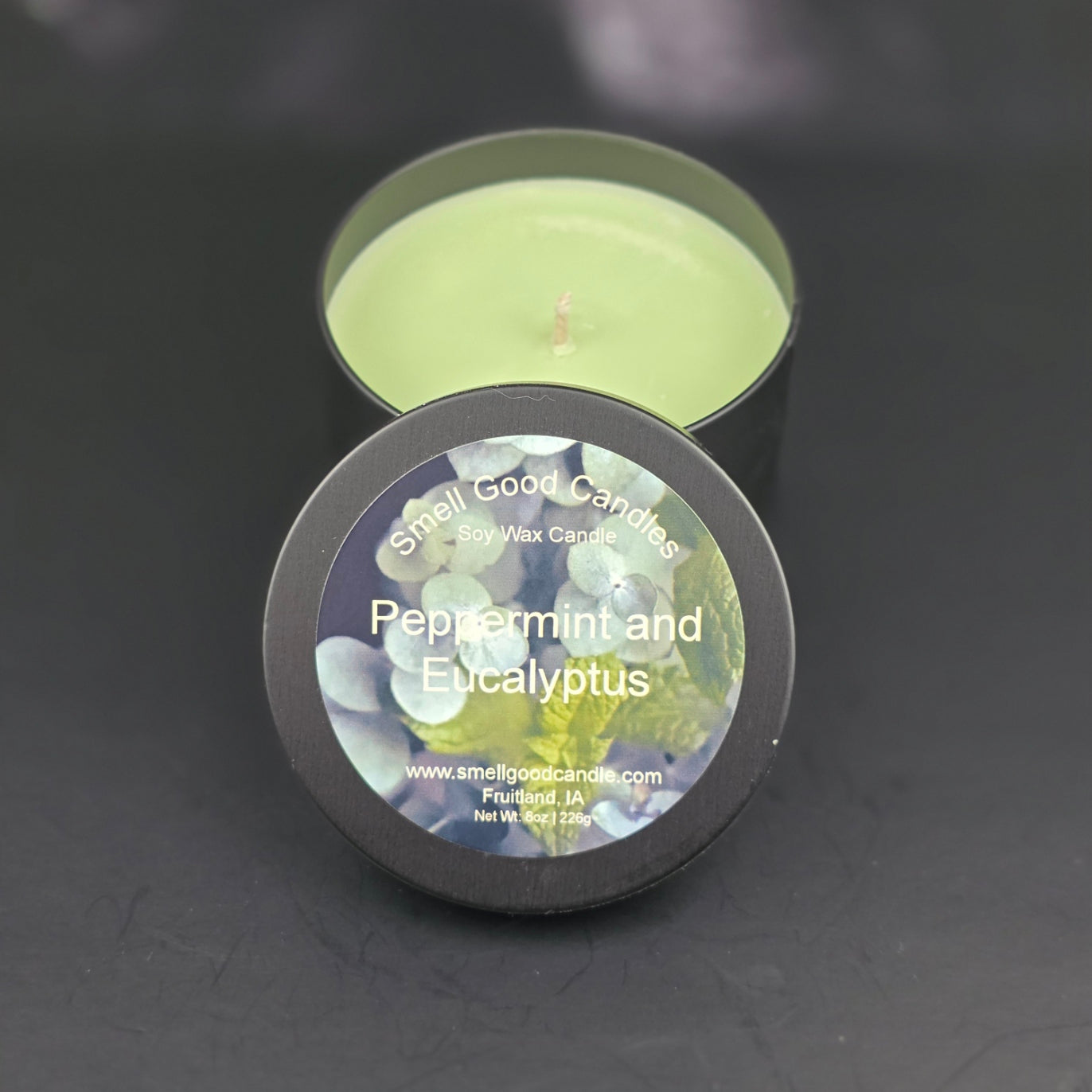 Peppermint and eucalyptus soy wax candle with clove and cedar notes