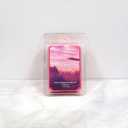 Pink Lavender Clouds wax melt with floral and fruity notes of lavender and raspberries