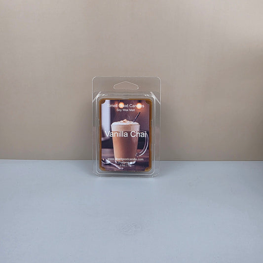 Packaged vanilla chai wax melt on a neutral background