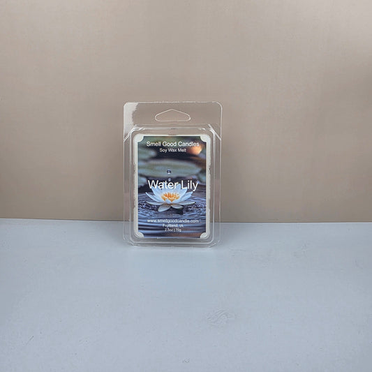 Packaged water lily wax melt on a neutral background