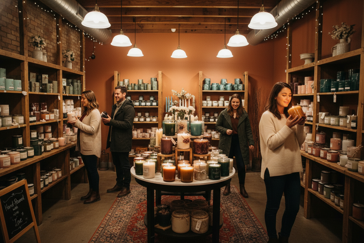 Candle  store with soft lighting inside.  Customers smelling the candles with smiles on their faces.